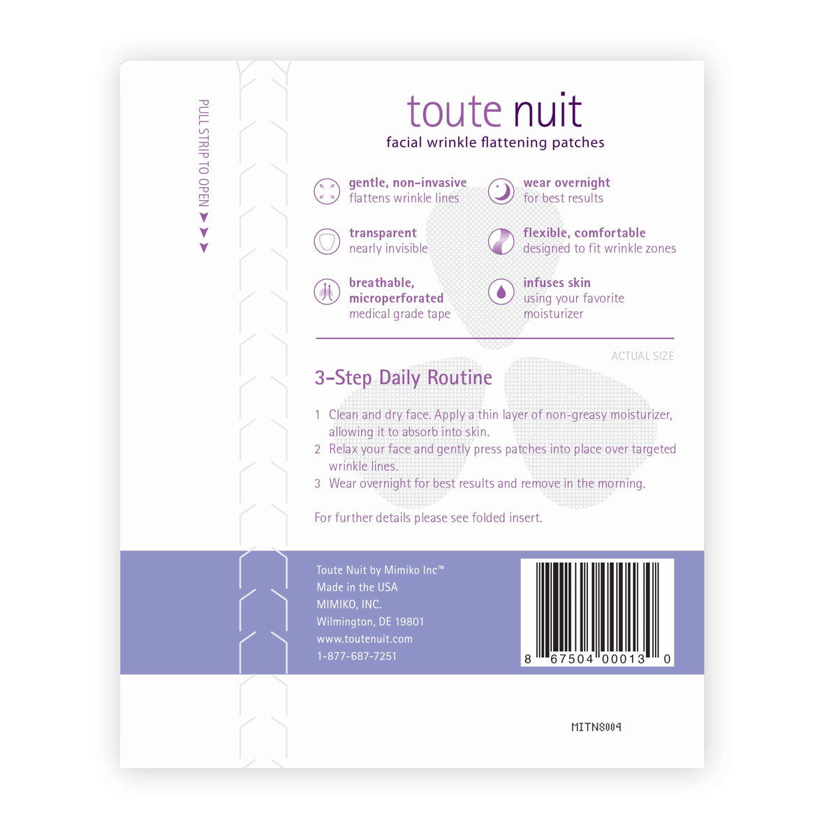 Toute Nuit patch applied to forehead demonstrating targeted smoothing, discreet benefit