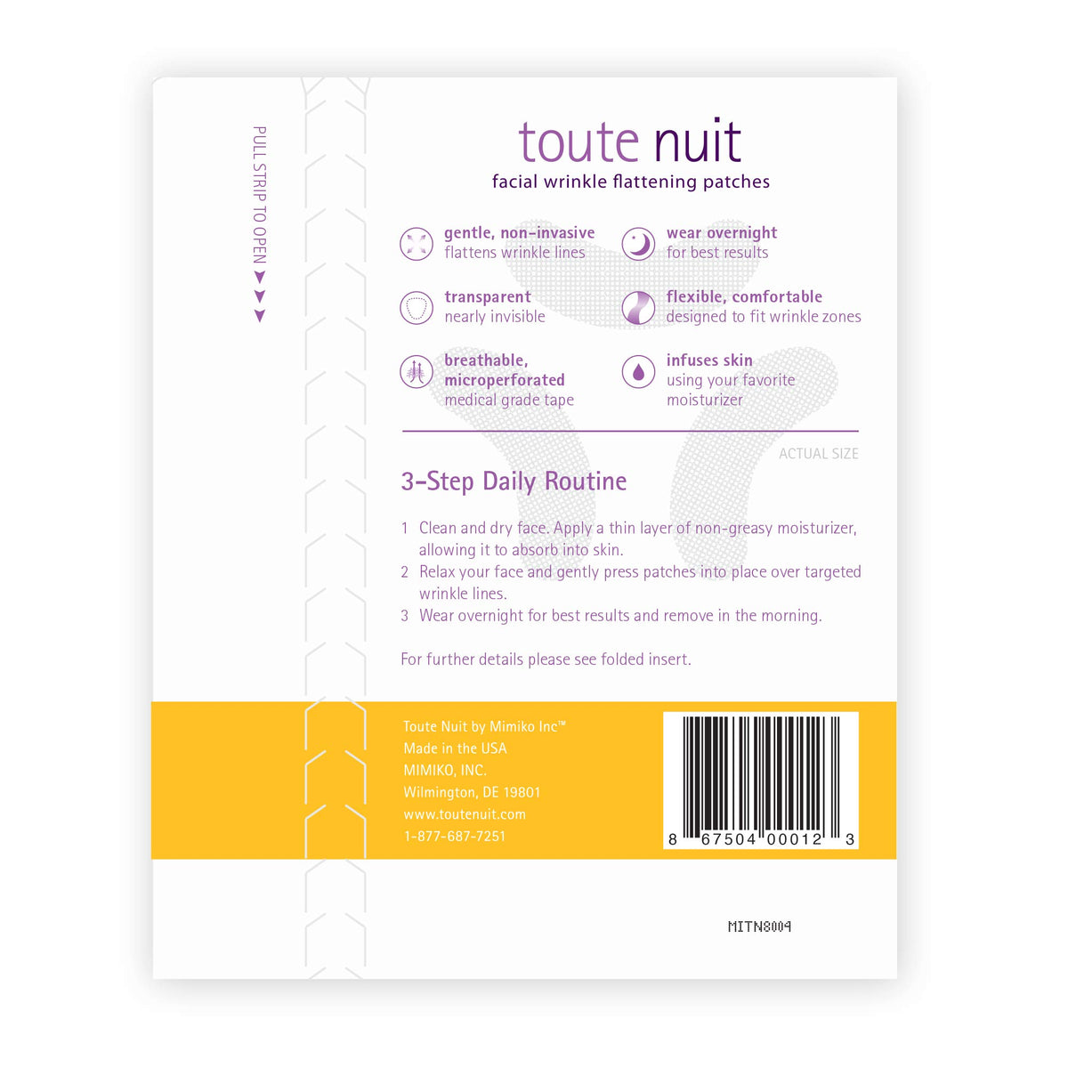 Toute Nuit patch applied to forehead demonstrating targeted smoothing benefit