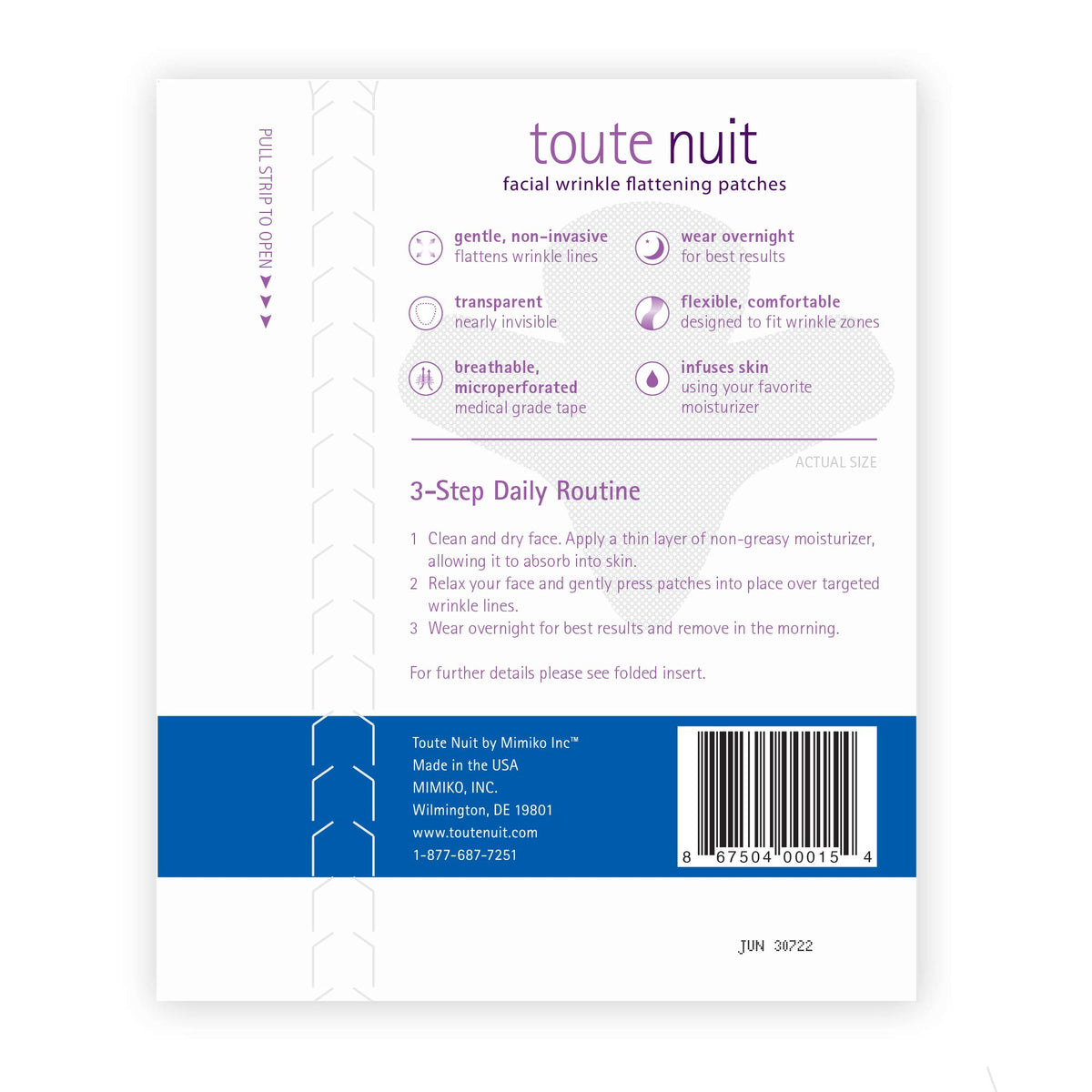 Toute Nuit patch applied on forehead demonstrating smoothing benefit