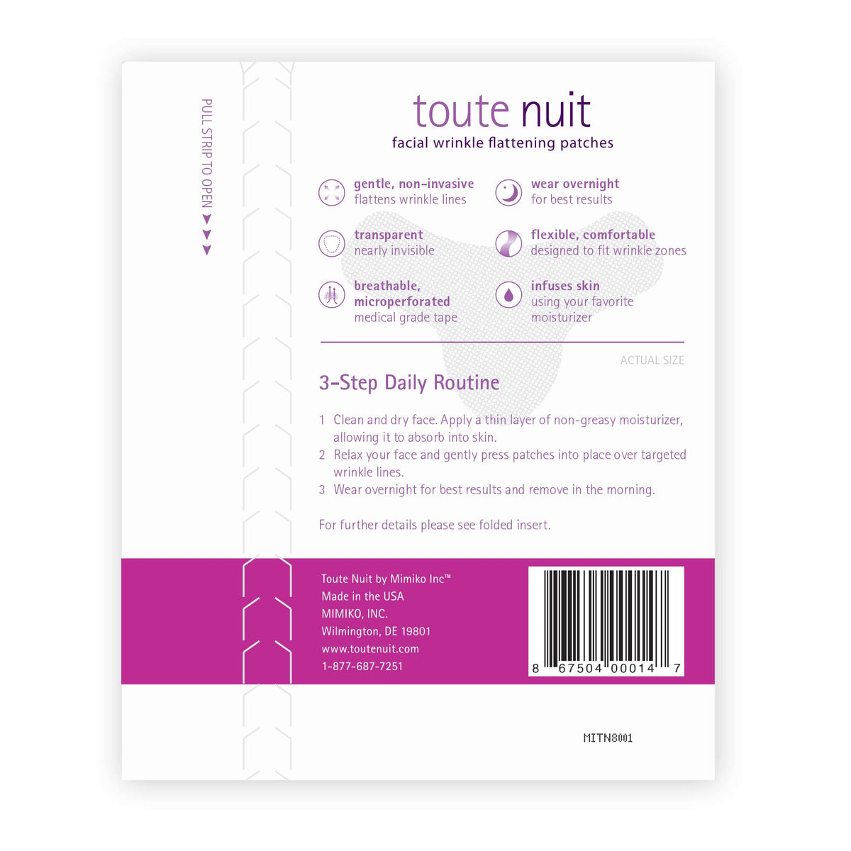 Toute Nuit patch applied on forehead demonstrating discreet smoothing effect
