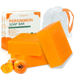tovaginsh front packaging showing three persimmon soap bars and net, clear labeling benefit