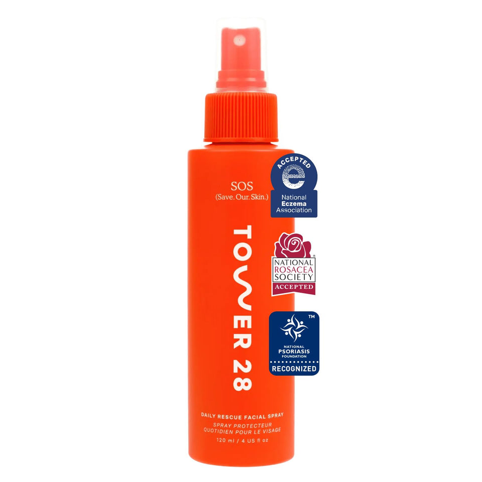 Tower 28 front packaging showing SOS Daily Rescue Facial Spray calming redness