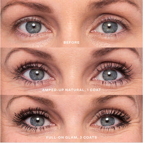 Tower 28 MakeWaves lashes before and after showing visible volume and length