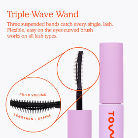 Tower 28 mascara applied on model lashes delivering length and humidity resistance