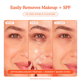 Tower 28 cleanser applied to wet hand demonstrating gentle lather and easy makeup removal