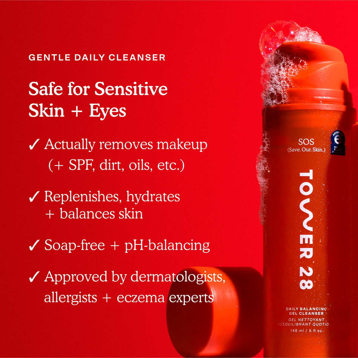 Tower 28 gel texture close-up on fingertip highlighting smooth hydrating formulation