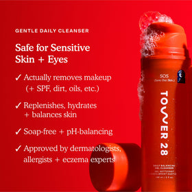 Tower 28 gel texture close-up on fingertip highlighting smooth hydrating formulation