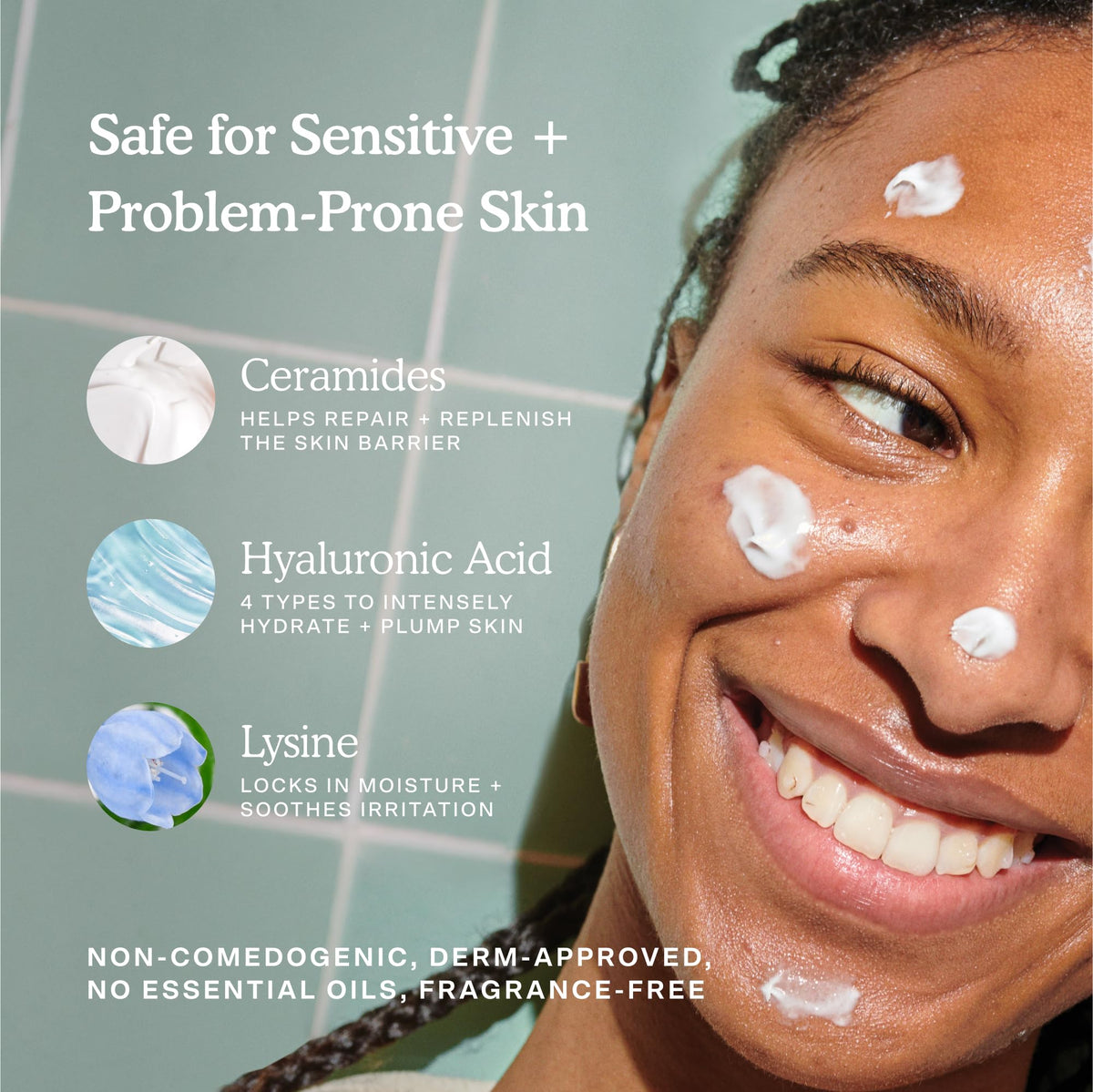 Tower 28 applying cream to cheek to calm redness and soothe skin