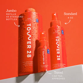 Tower 28 mist in use over face providing quick calming and cooling relief