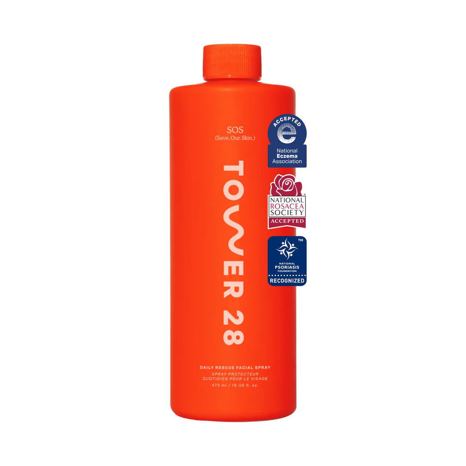 Tower 28 front packaging showing large 16 oz bottle and branding benefits