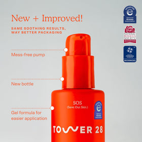 Tower 28 pump and label detail highlighting product information and ease