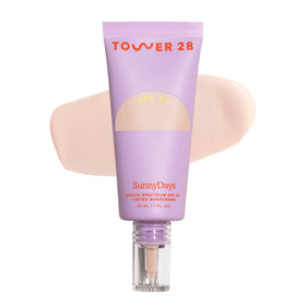 Tower 28 SunnyDays front tube showing SPF 30 and shade label, clear product identity and benefit