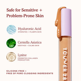 Tower 28 concealer before and after showing reduced redness and even skin tone
