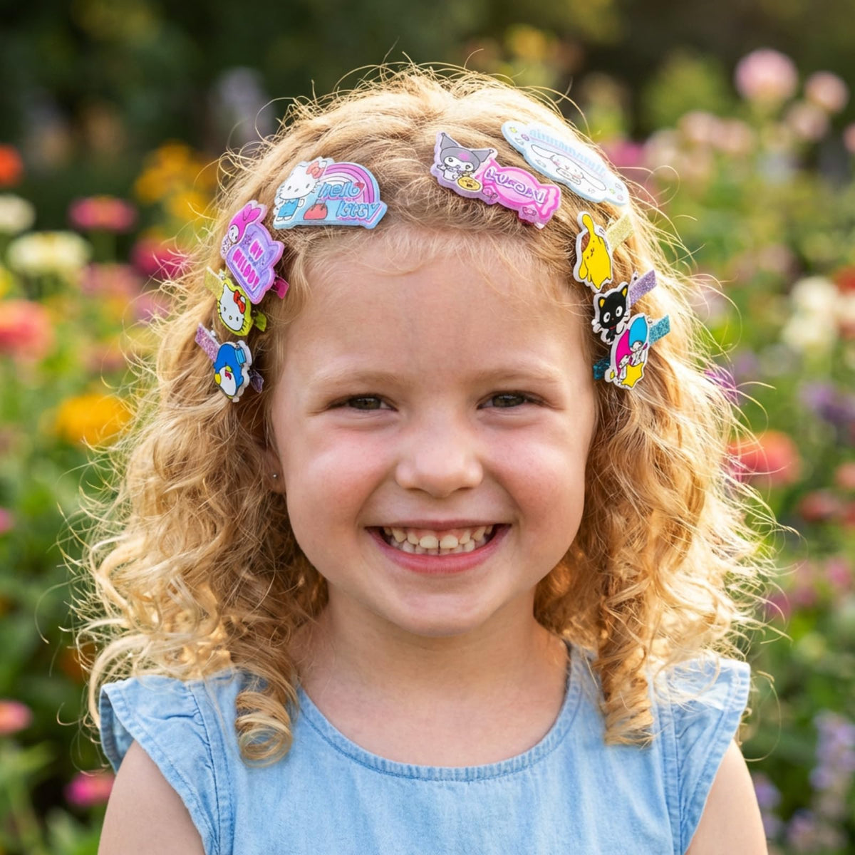 Townley Girl acrylic hair clips arranged to show colorful character designs