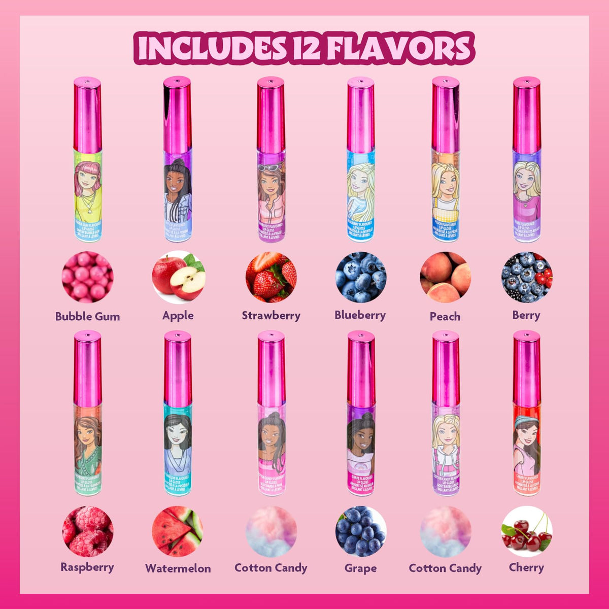 Townley Girl Barbie twelve glosses laid out, easy party sharing