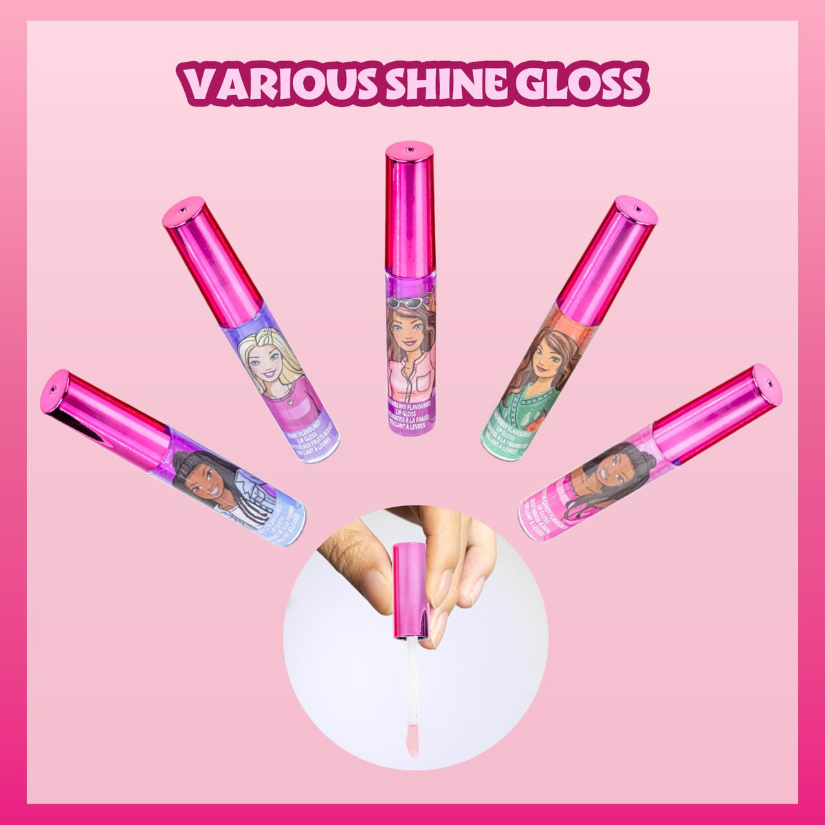 Townley Girl Barbie gloss texture swipe, demonstrates glossy finish