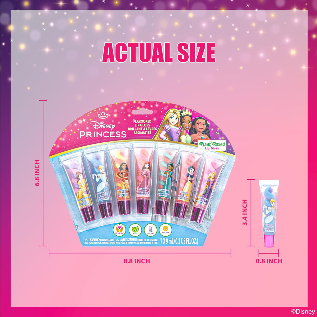 Townley Girl gloss held in hand to show scale, small tubes ideal for party favors and travel
