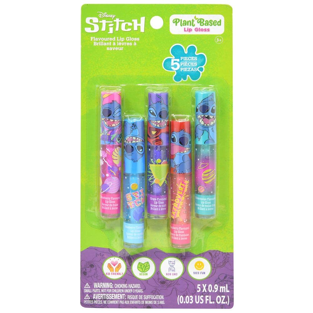 Townley Girl Disney Stitch lip gloss set front view showing five colorful tubes and playful flavors