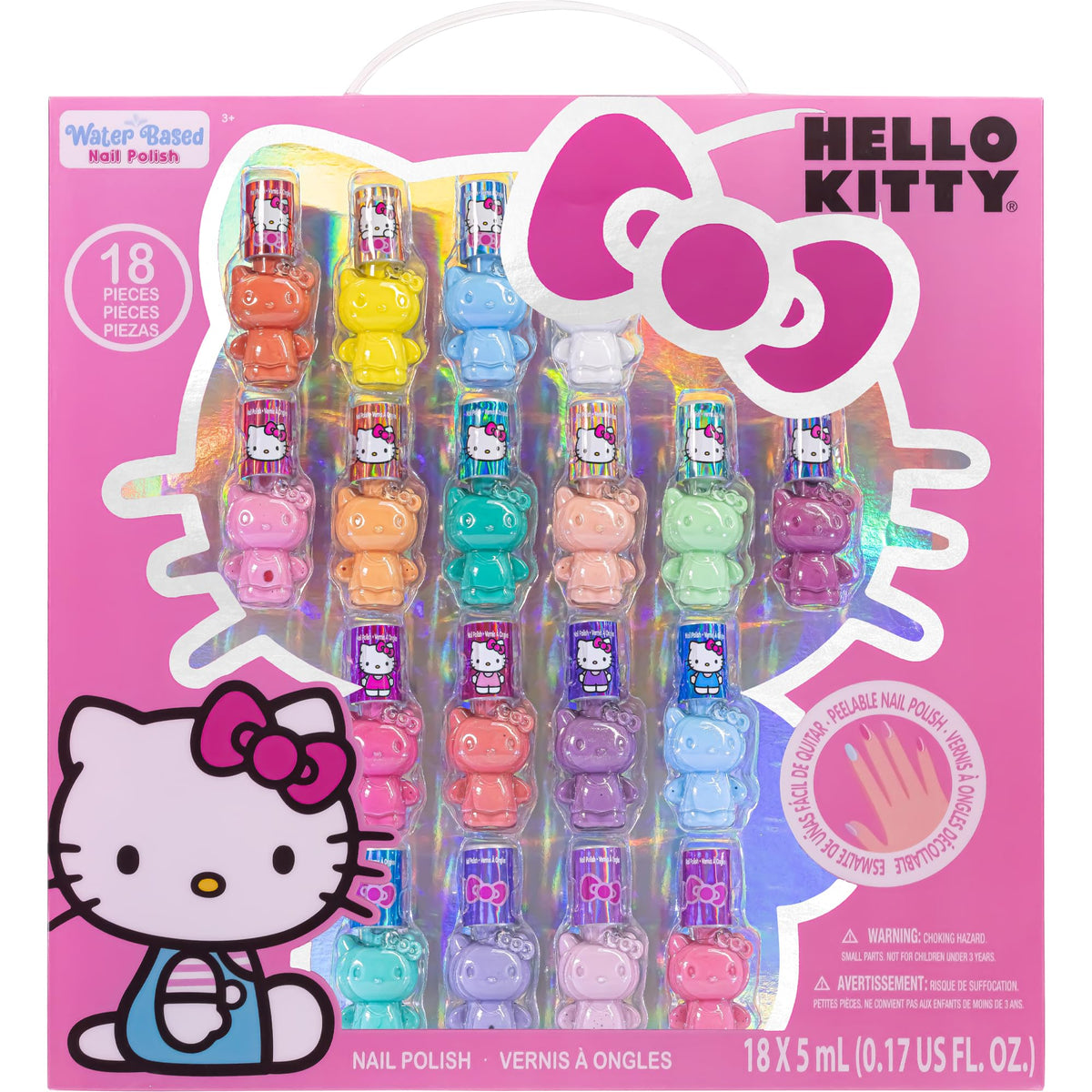 Townley Girl front packaging showing 18 Hello Kitty bottles and colorful display for gifting