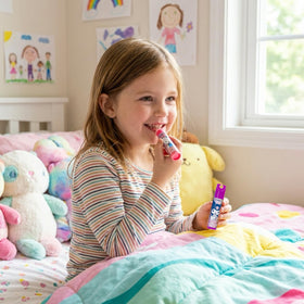 Townley Girl lip balms in kids play setting demonstrating fun use during dress-up