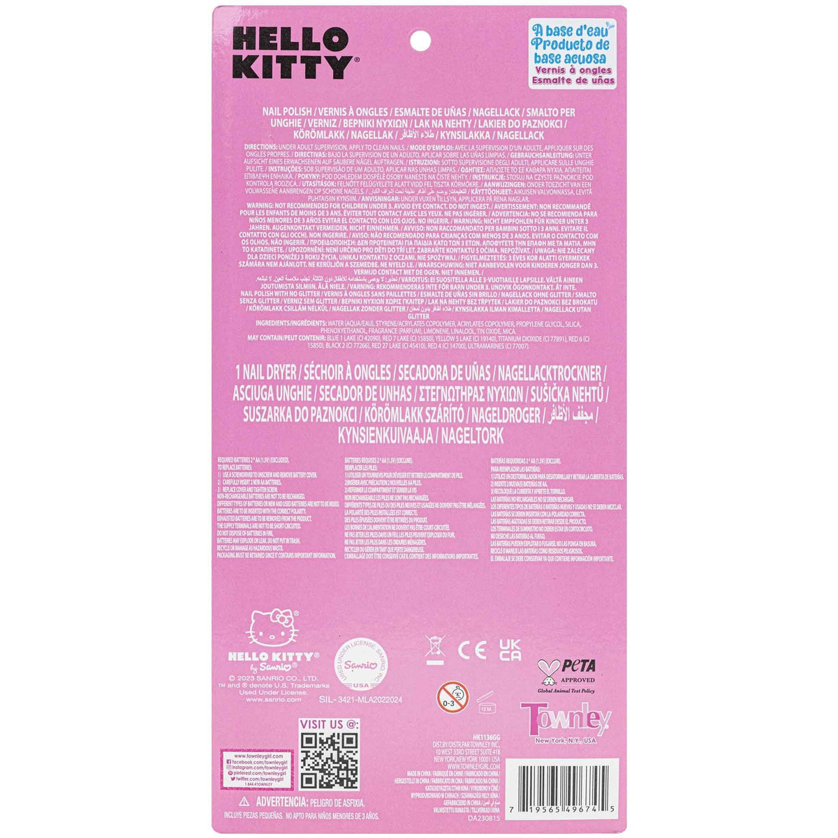 Townley Girl packaging back label showing ingredients and safety details