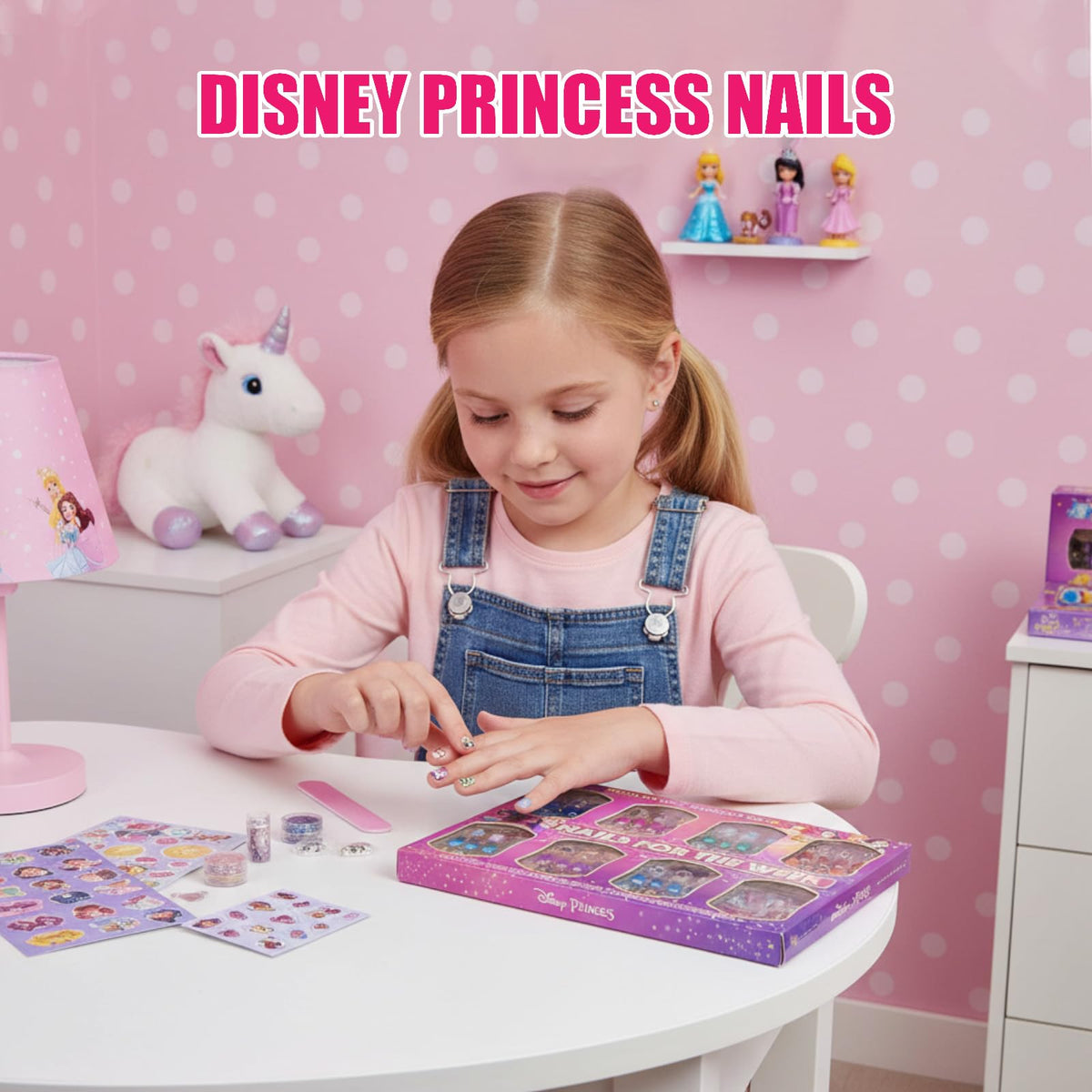 Townley Girl child applying a press-on nail, demonstrates independence and easy use