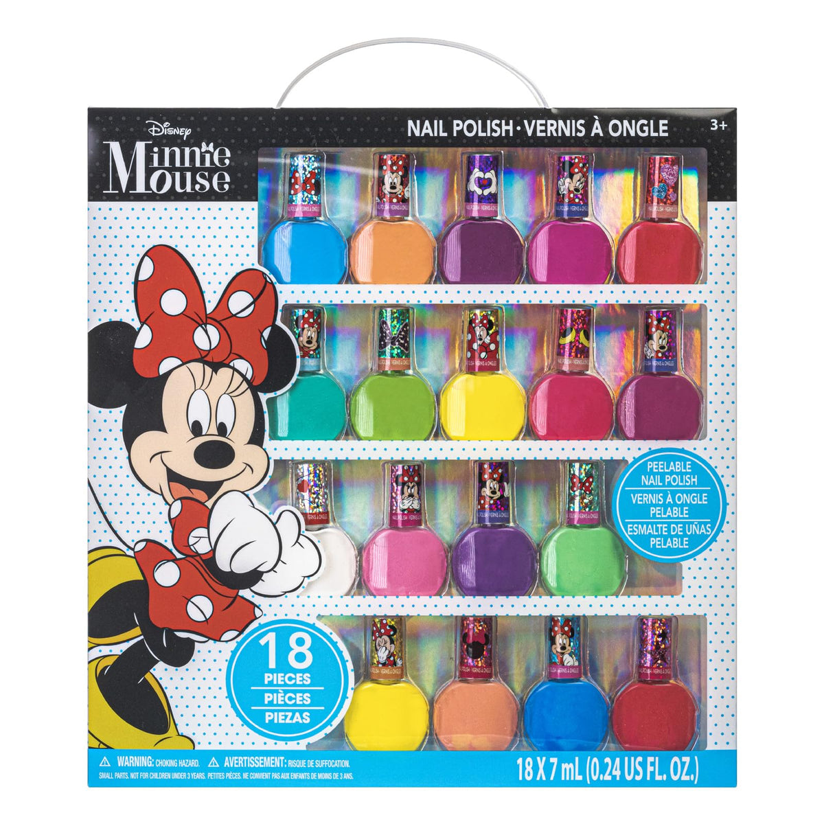 Townley Girl front packaging showing Minnie Mouse and 18 colorful bottles, playful gift appeal