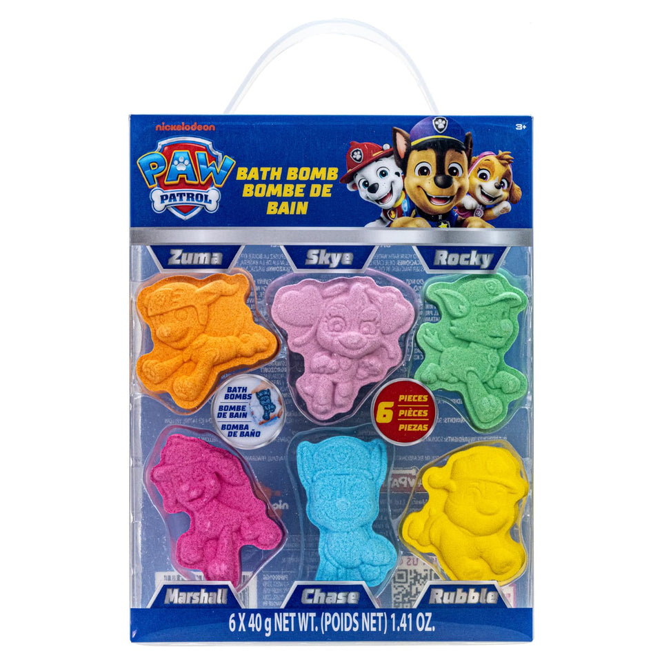 Townley Girl front packaging showing six Paw Patrol bath bombs, gift-ready appeal
