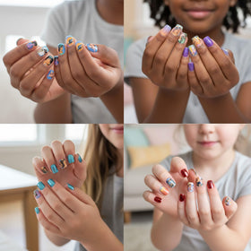 Townley Girl showing pre-adhesive backing on nails, quick stick-on application benefit