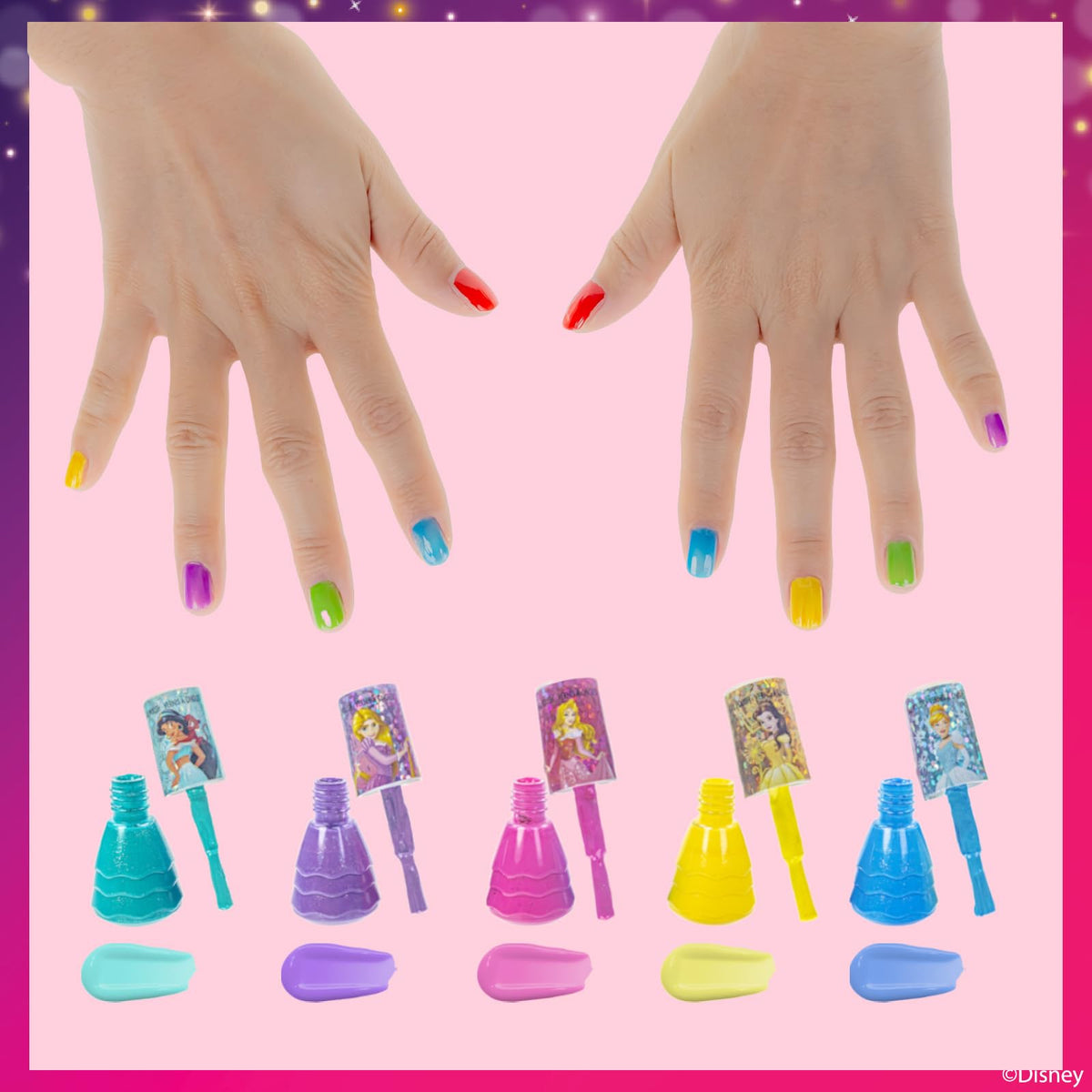 Townley Girl quick-dry demo on child hands showing low-mess application benefit