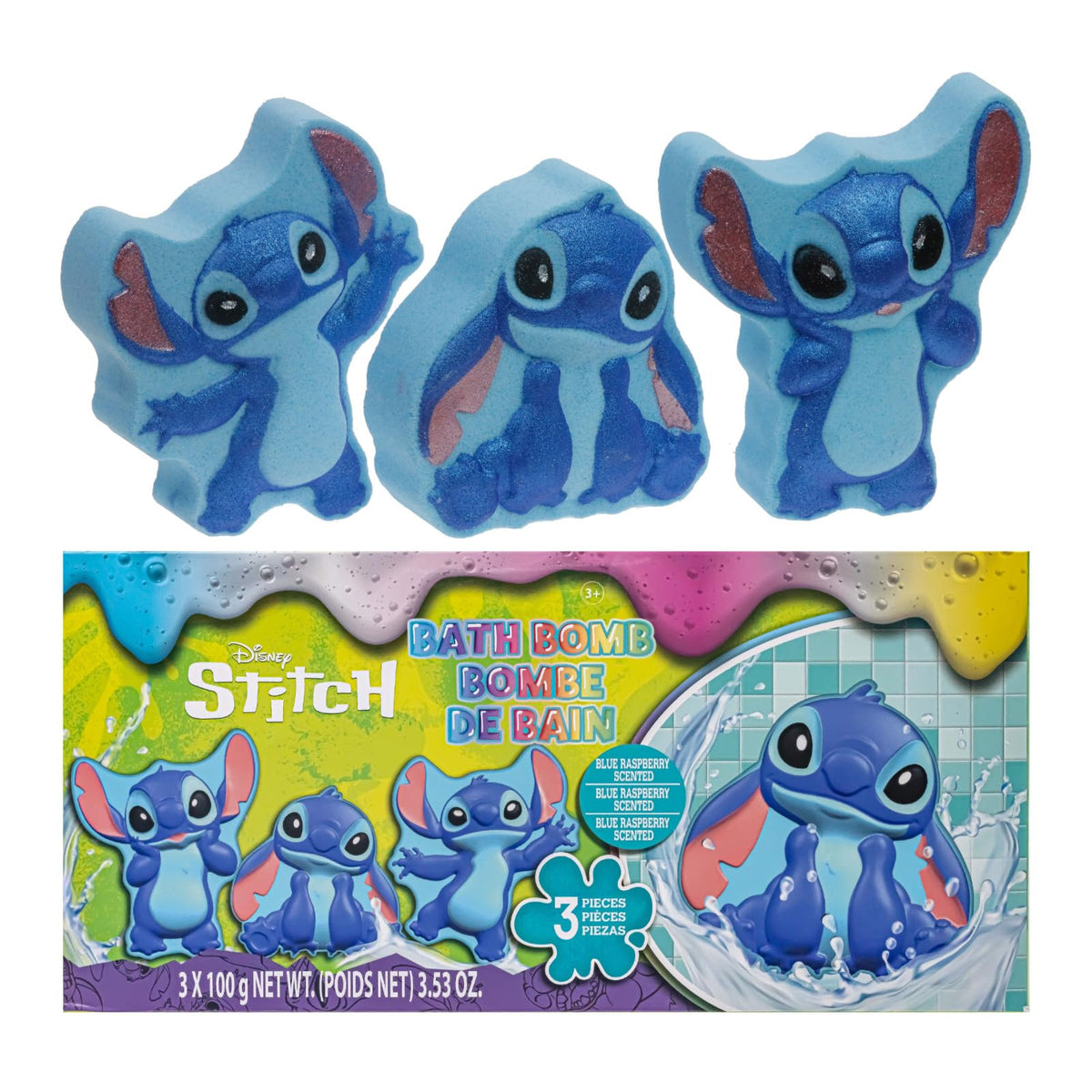 Townley Girl front packaging showing three colorful Stitch bath bombs, appealing gift