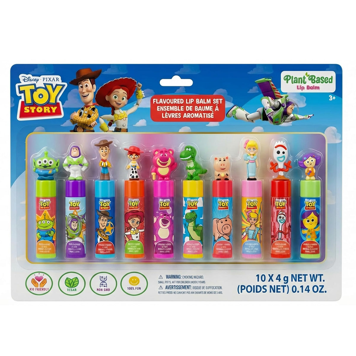 Townley Girl front packaging showing 10 Toy Story lip balms and toppers for gifting