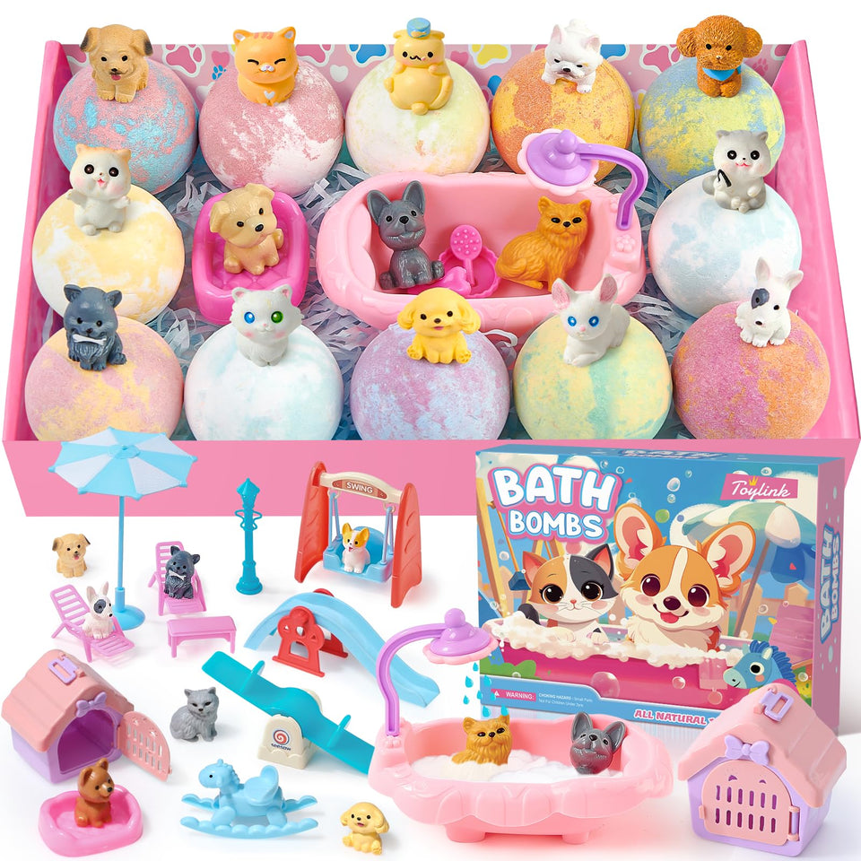 Toylink front packaging box showing 12 colorful bath bombs and toys — gift-ready