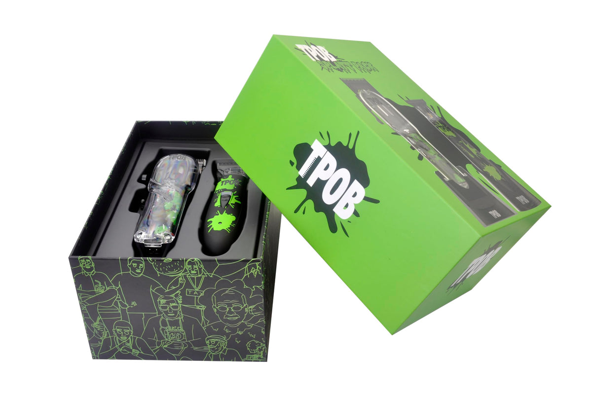 Lifestyle shot of TPOB box set packaging next to barber tools, ready-to-use kit