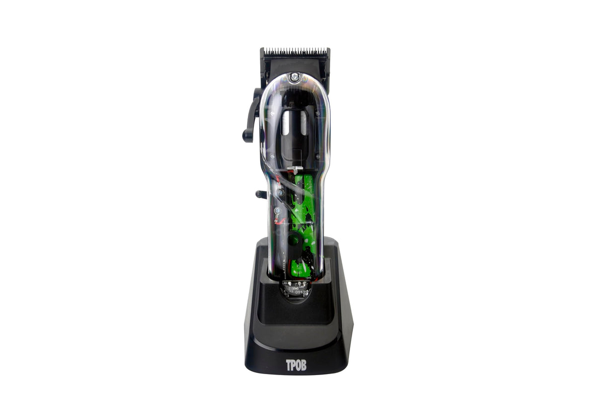 TPOB clipper ergonomic grip detail, reduces hand fatigue during long sessions