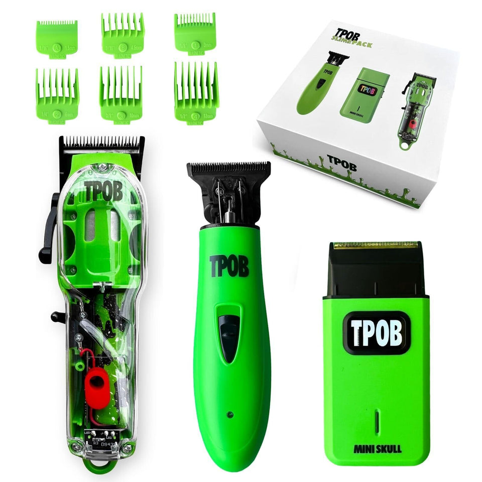 TPOB Slime 2 clipper front view in matte green case showing professional build and reliability