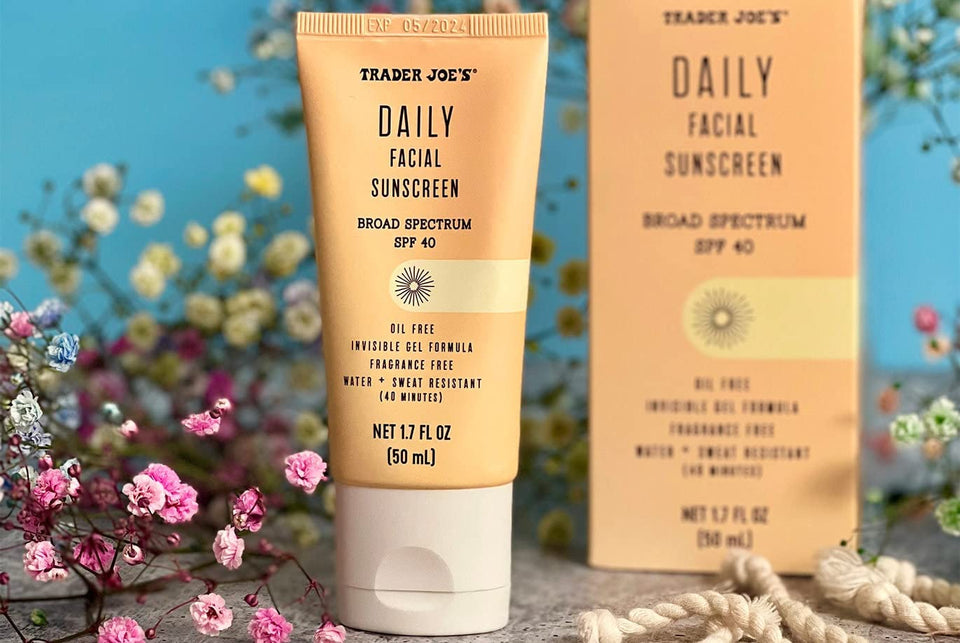 Trader Joe's front packaging shows SPF 40, invisible gel and matte finish benefits