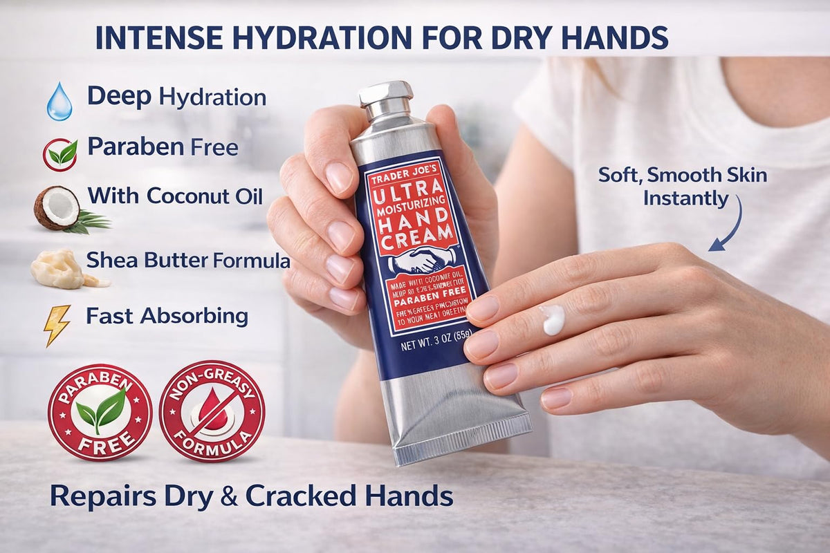 Trader Joe's hand cream texture closeup displaying smooth cream that absorbs quickly for hydrated skin