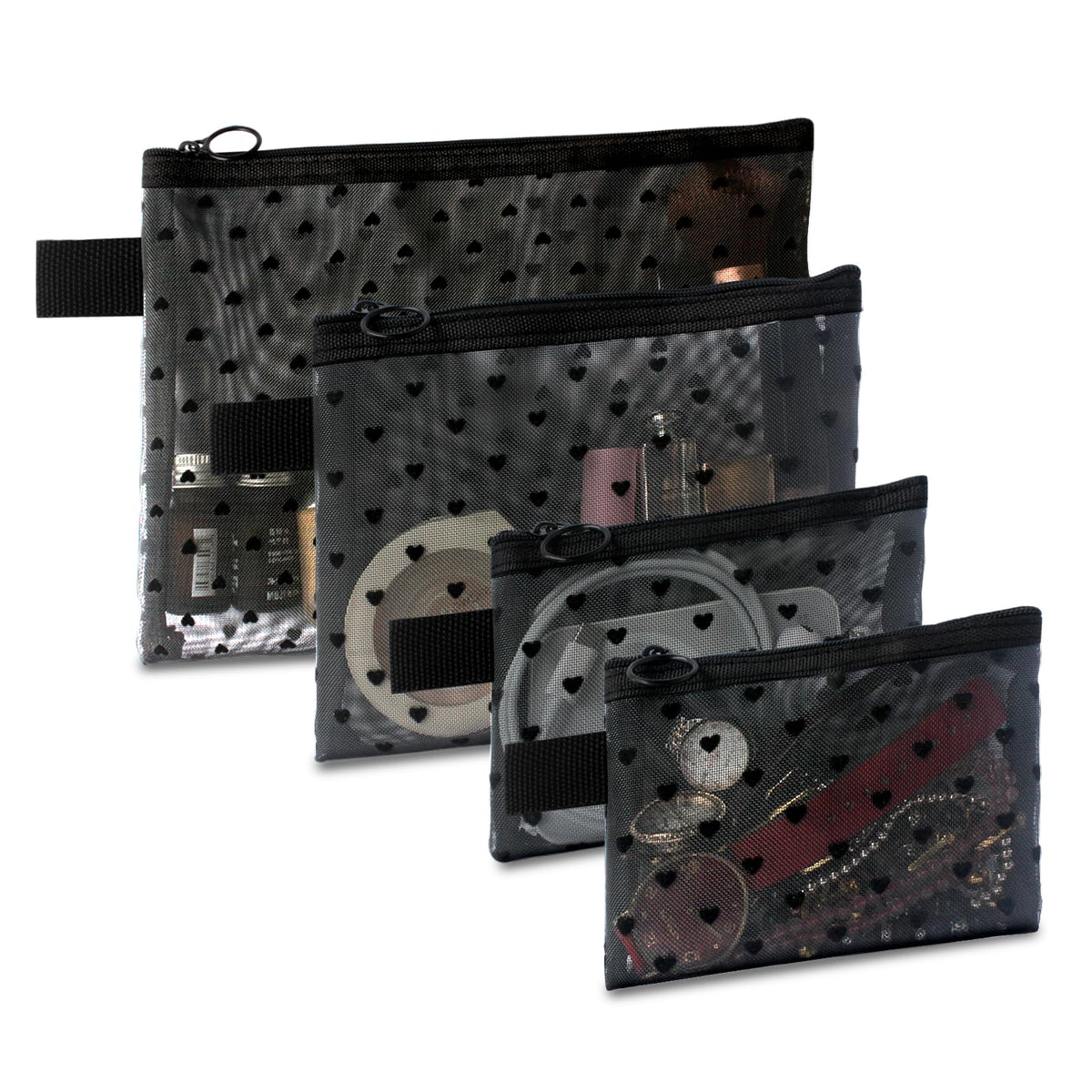 TRAKWAN front view of four heart printed mesh pouches organized