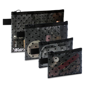 TRAKWAN front view of four heart printed mesh pouches organized