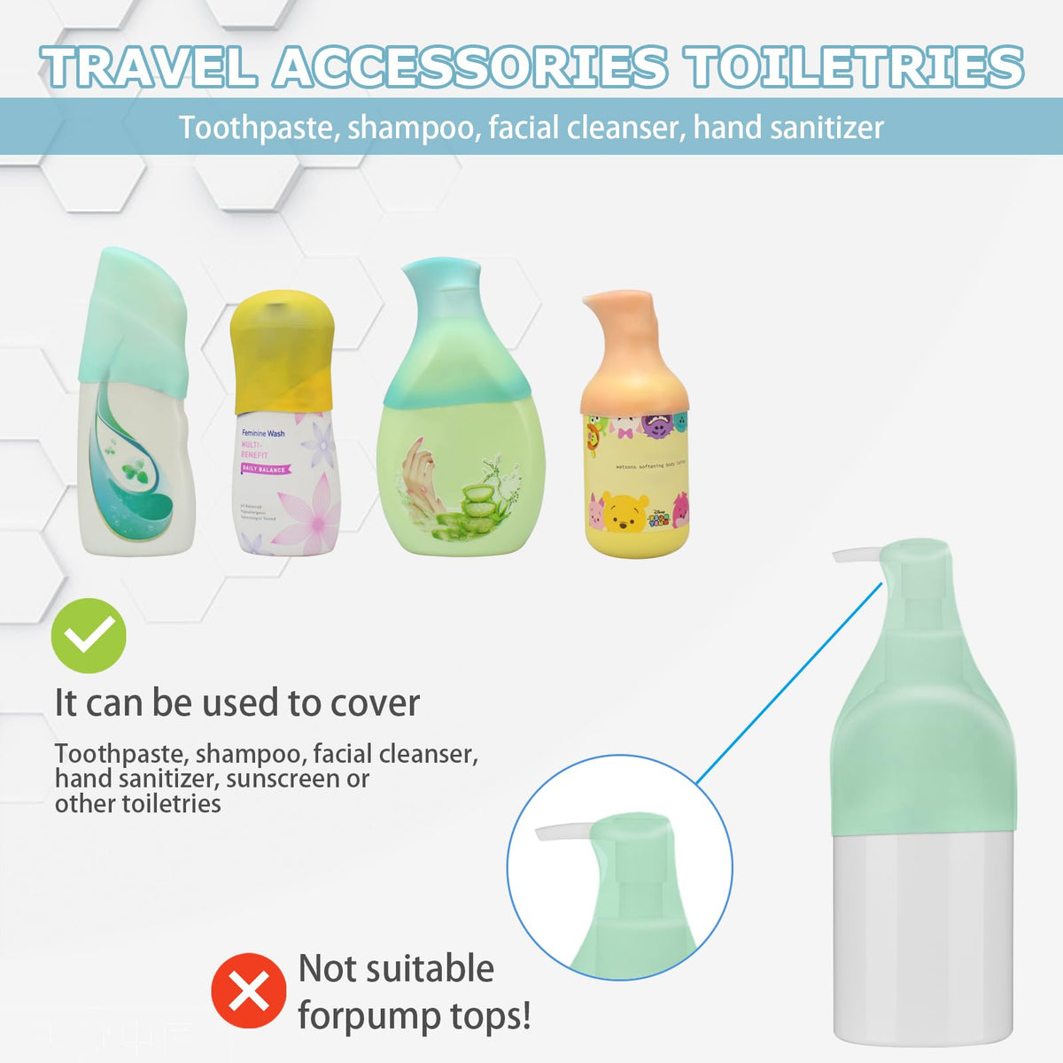 TRANOMOS sleeve fitted on a travel bottle cap preventing leaks during transport