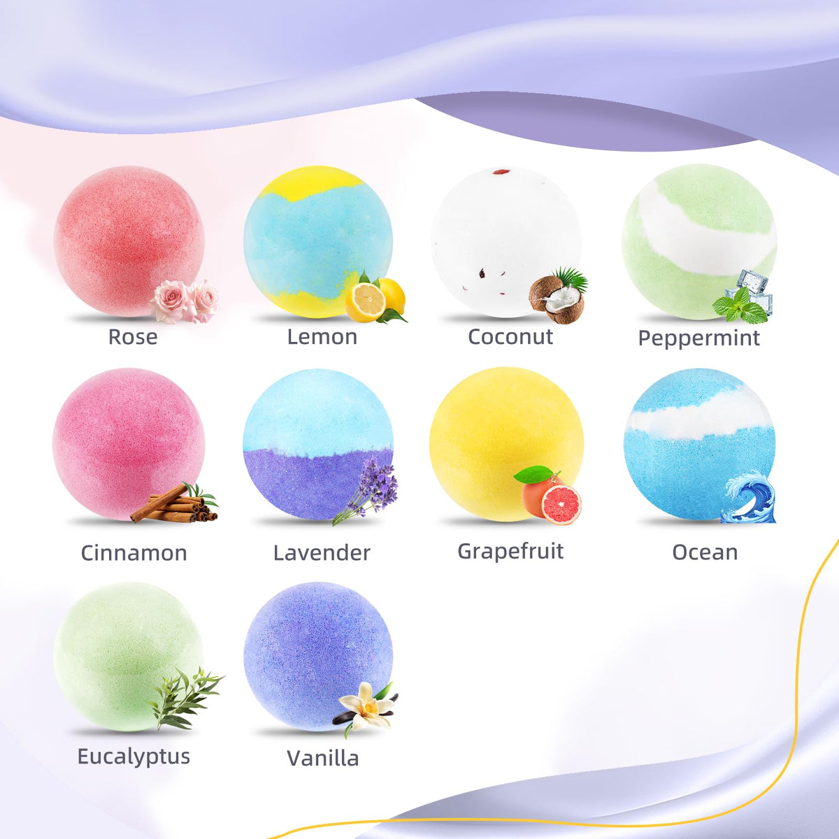 TranquilBliss assorted bath bombs arranged by color showing variety and gifting appeal
