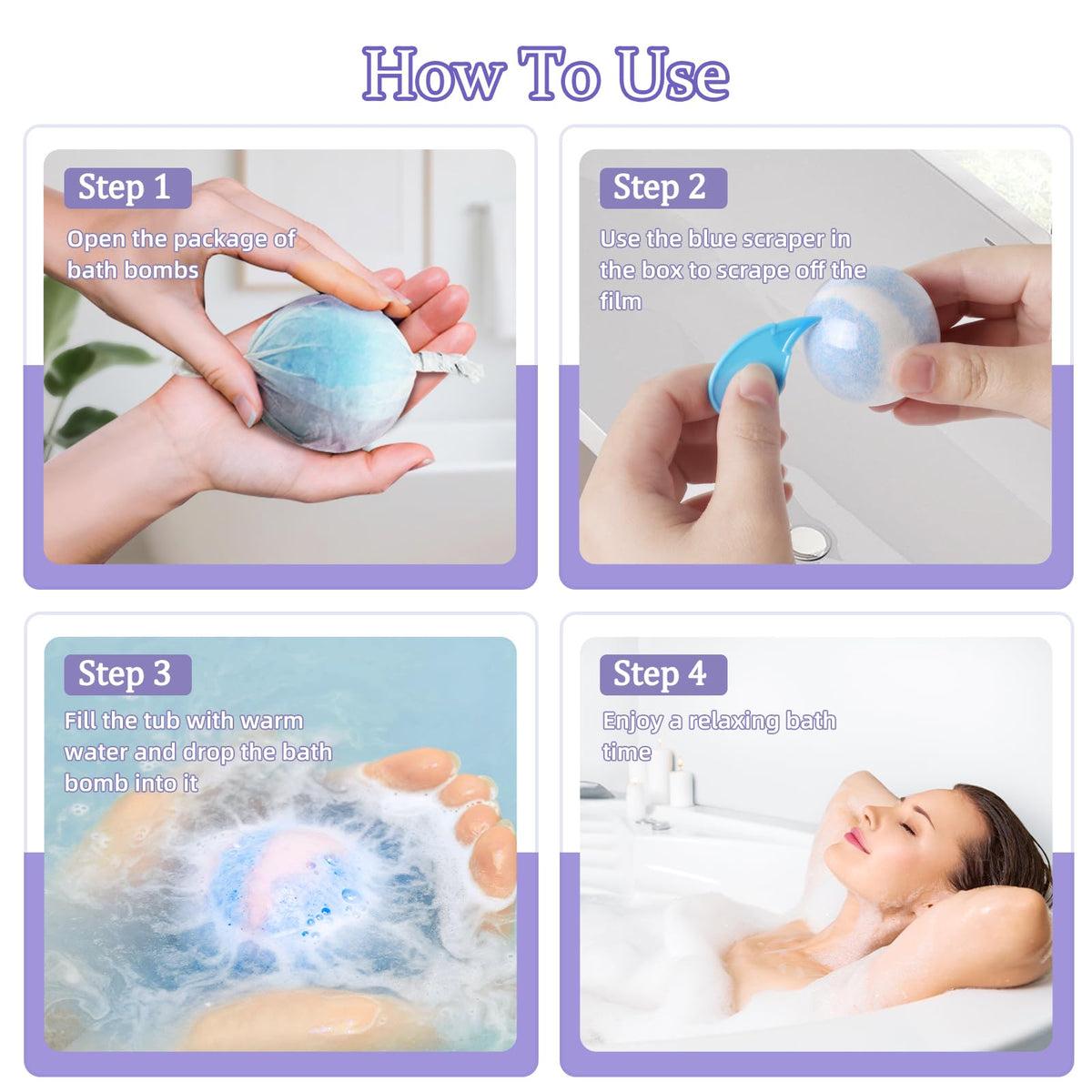 TranquilBliss bath bomb fizzing in tub with colorful swirls creating a relaxing soak