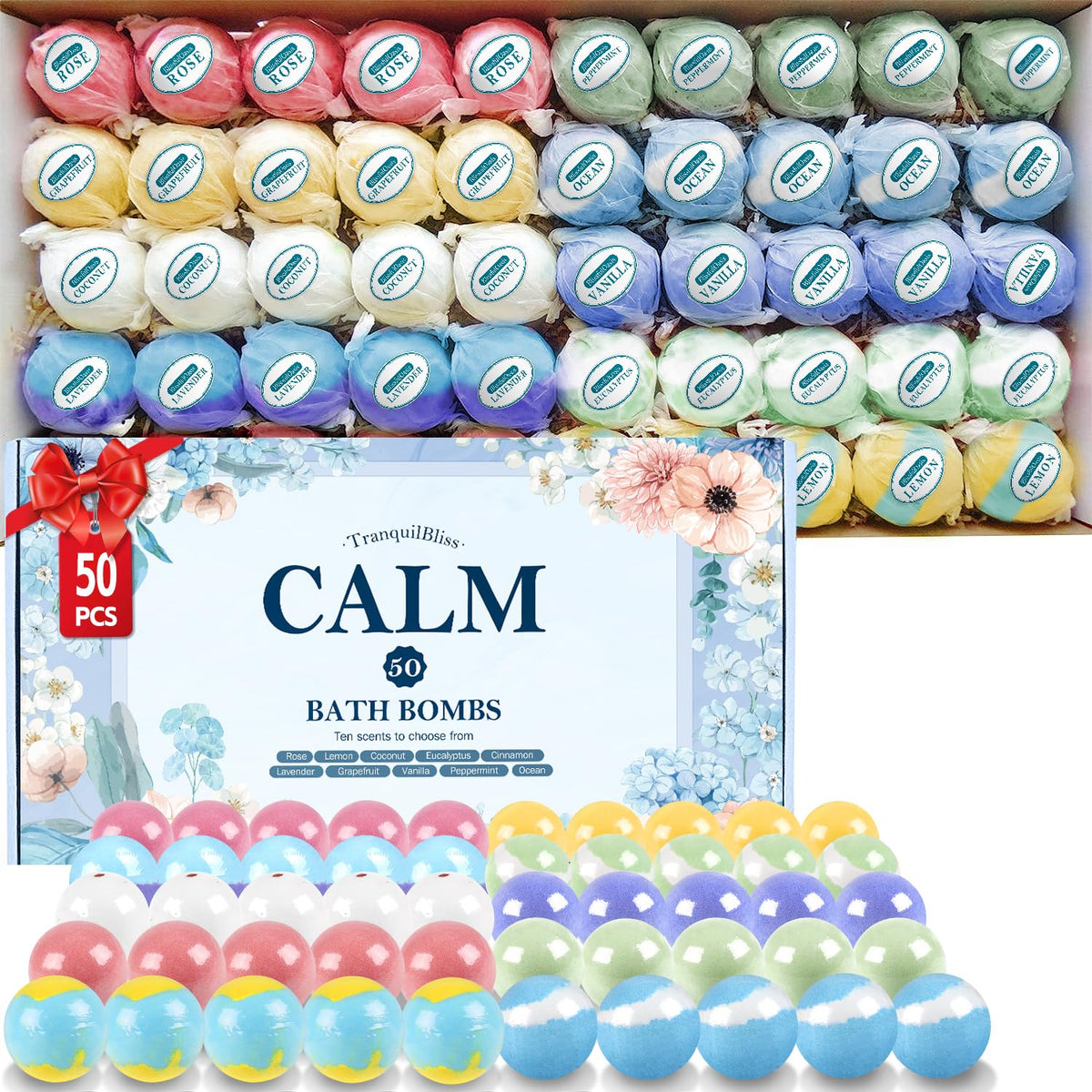 TranquilBliss gift box with 50 bath bombs showing variety and presentation benefit