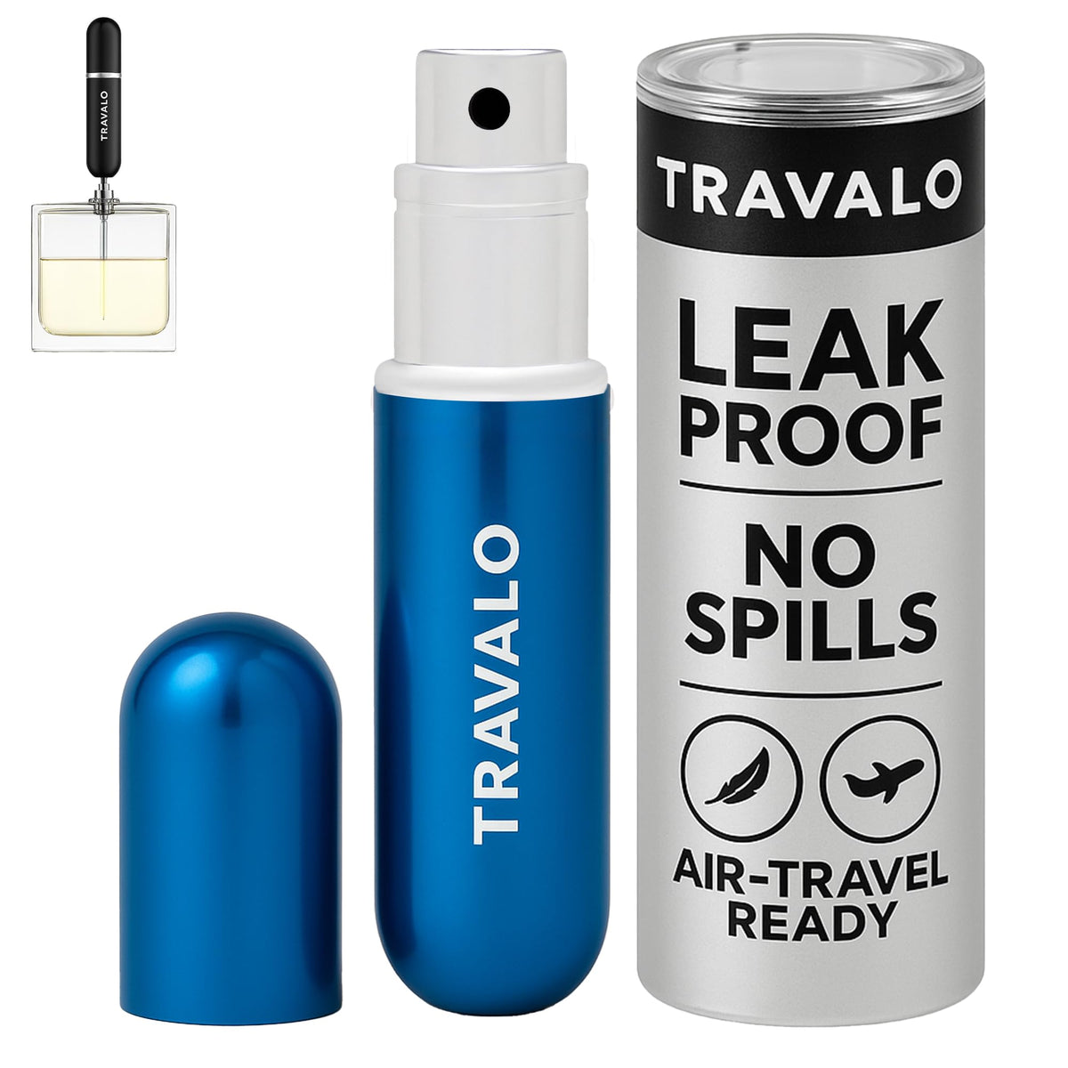 Travalo blue front view showing compact atomizer and sleek design benefit portability