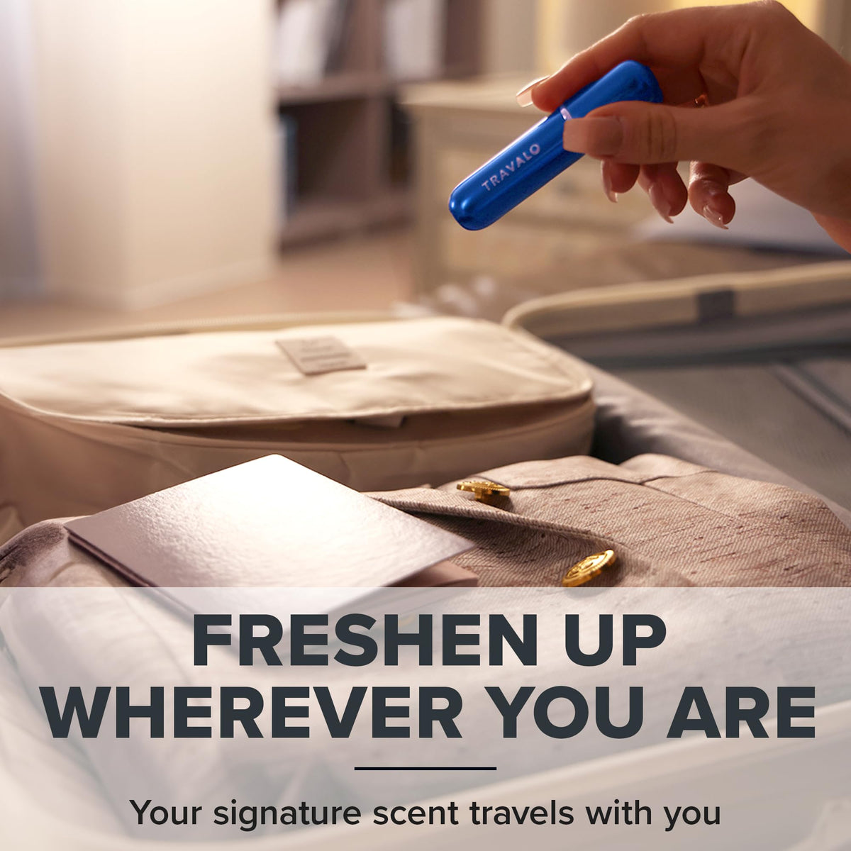 Travalo placed on airplane tray illustrating flight-tested leak-proof travel reliability