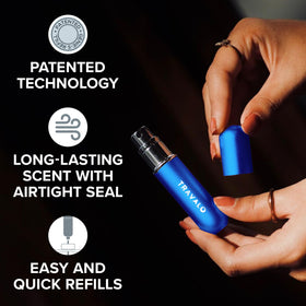 Travalo close-up volume window on blue atomizer showing refill level advantage