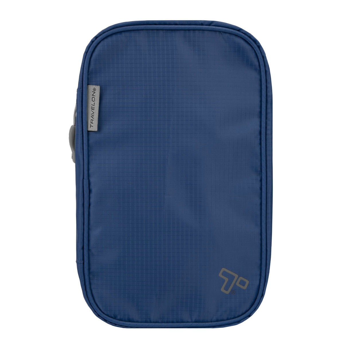 Travelon front view showing closed toiletry kit and compact profile benefit