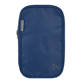 Travelon front view showing closed toiletry kit and compact profile benefit