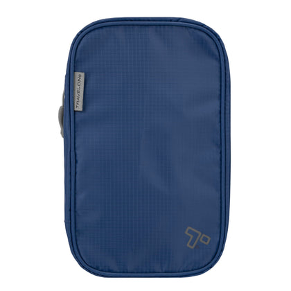 Travelon front view showing closed toiletry kit and compact profile benefit